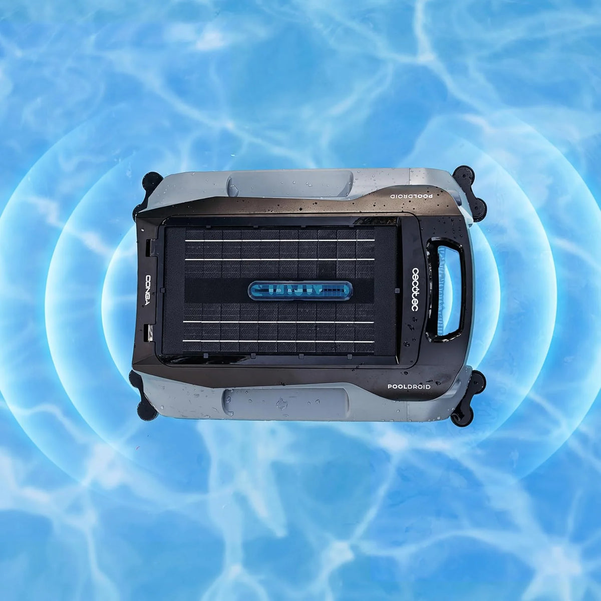 Robot basenowy Cecotec do powierzchni i linii wodnej Conga Pooldroid AquaSkater. Ładowanie słoneczne, 16h autonomii, kosz 4,5l i filtr 187,5μm, nawigacja ultradźwiękowymi czujnikami