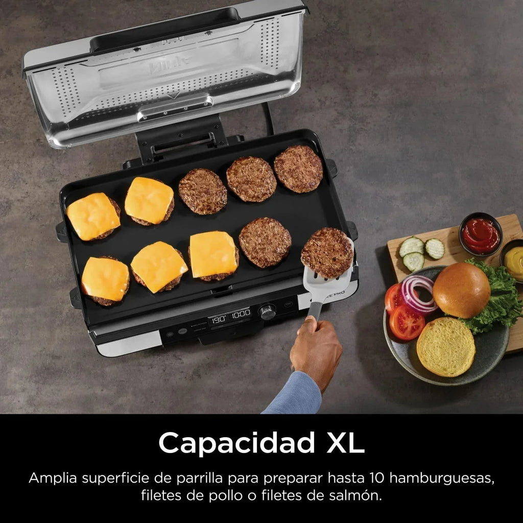 Ninja Sizzle Pro XL grill i płyta grillowa do użytku wewnątrz pomieszczeń z nieprzywierającą ceramiczną płytą grillową, odłączaną pokrywą, pojemnikiem na tłuszcz i książką z przepisami, srebrno-czarny GX101EU