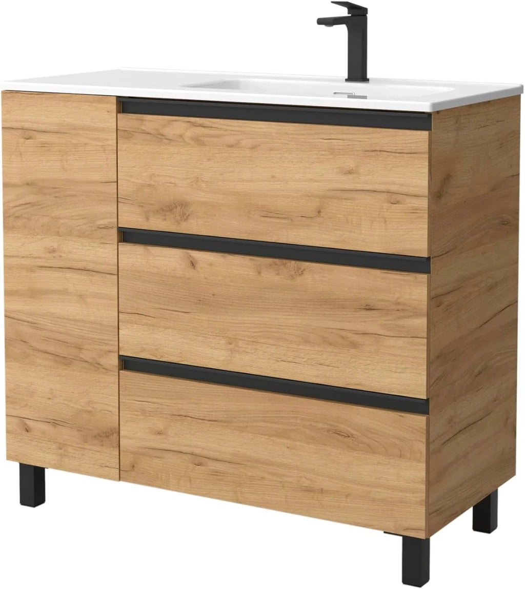 Szafka łazienkowa BEQUIA Plus Metal 3C 90cm Dąb | Umywalka ceramiczna, Bateria po prawej