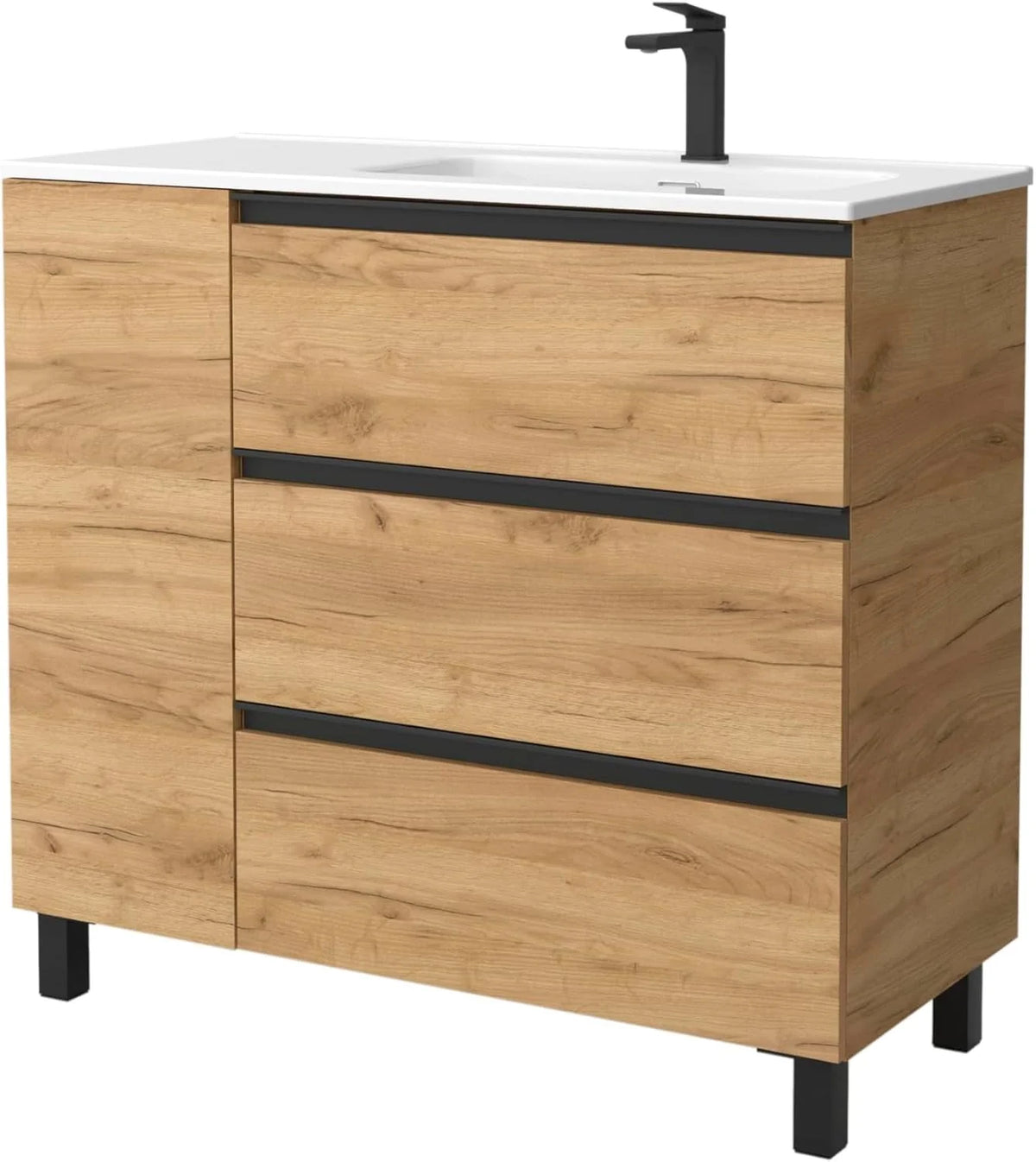 Szafka łazienkowa BEQUIA Plus Metal 3C 90cm Dąb | Umywalka ceramiczna, Bateria po prawej