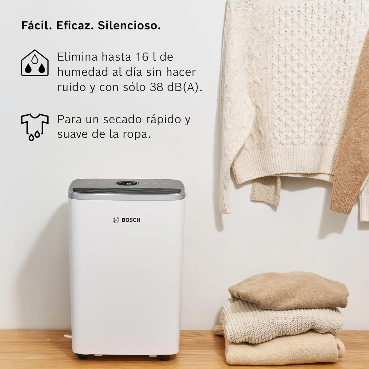 Osuszacz powietrza Bosch Dry 4000 – łatwy. wydajny. cichy. Do domu i sypialni – do pomieszczeń o powierzchni do 33 m² – szybkie suszenie prania