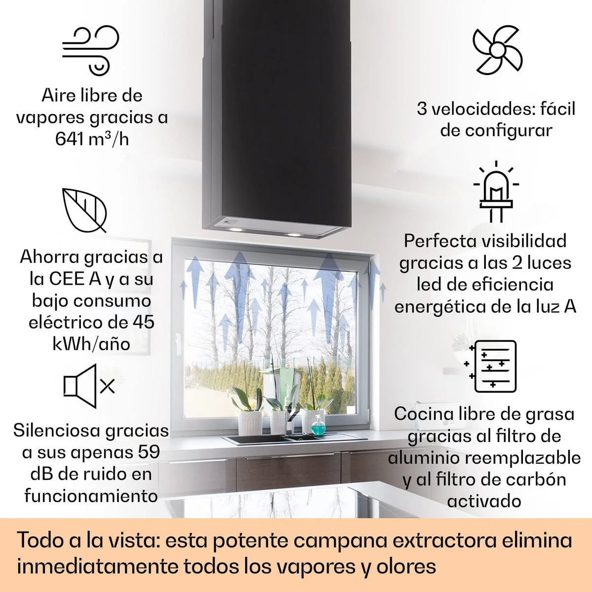 Klarstein Campana Isla Cocina, Okap Kuchenny Wyspowy, Okap Sufitowy Przepływ Powietrza 641m³/h, Zegar, Okap Wyspowy z Regulacją, 3 Tryby Odsysania Dymu i Filtry Węglowe