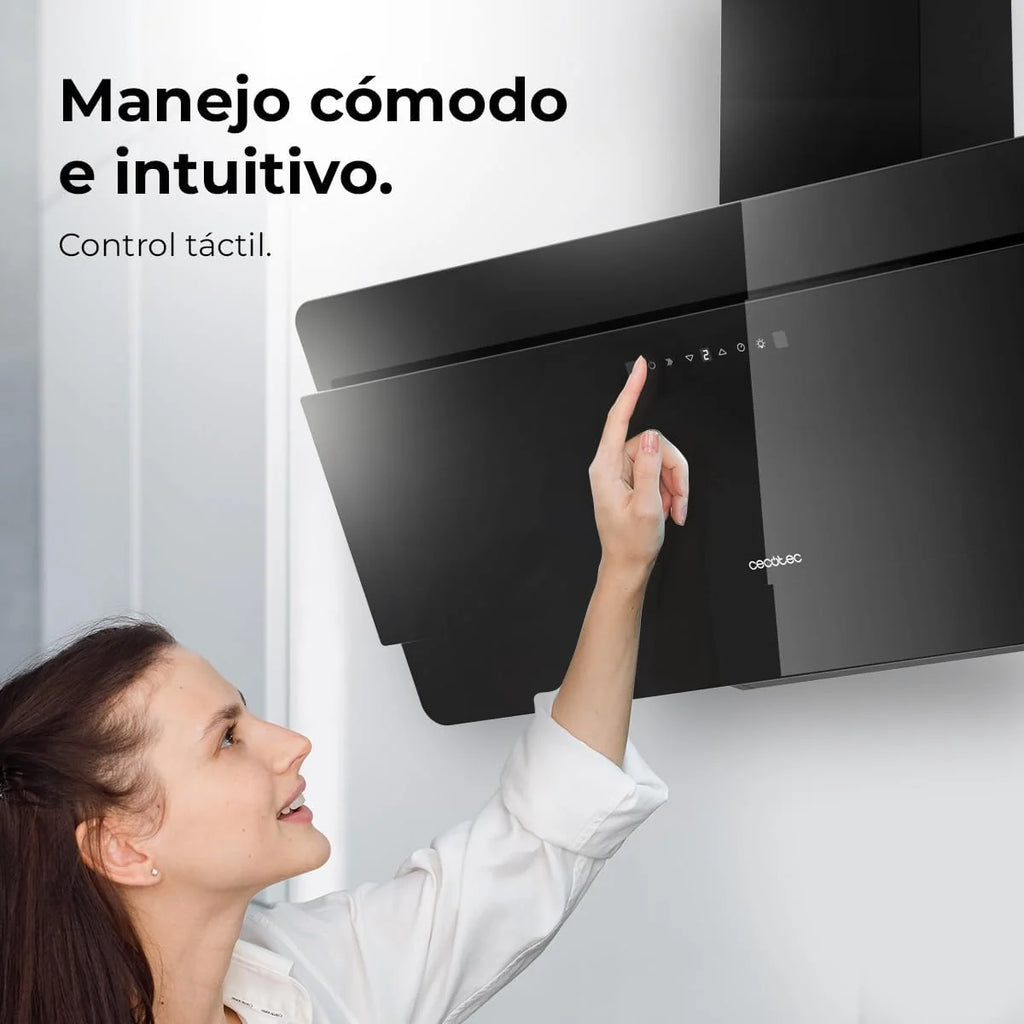Okap dekoracyjny Cecotec 90 cm Flux Dt 908000 Glass Black A++. Czarne szkło, moc 800m3/h, silnik 210W, A++, sterowanie dotykowe, 3 poziomy + booster, sterowanie ruchem ręki