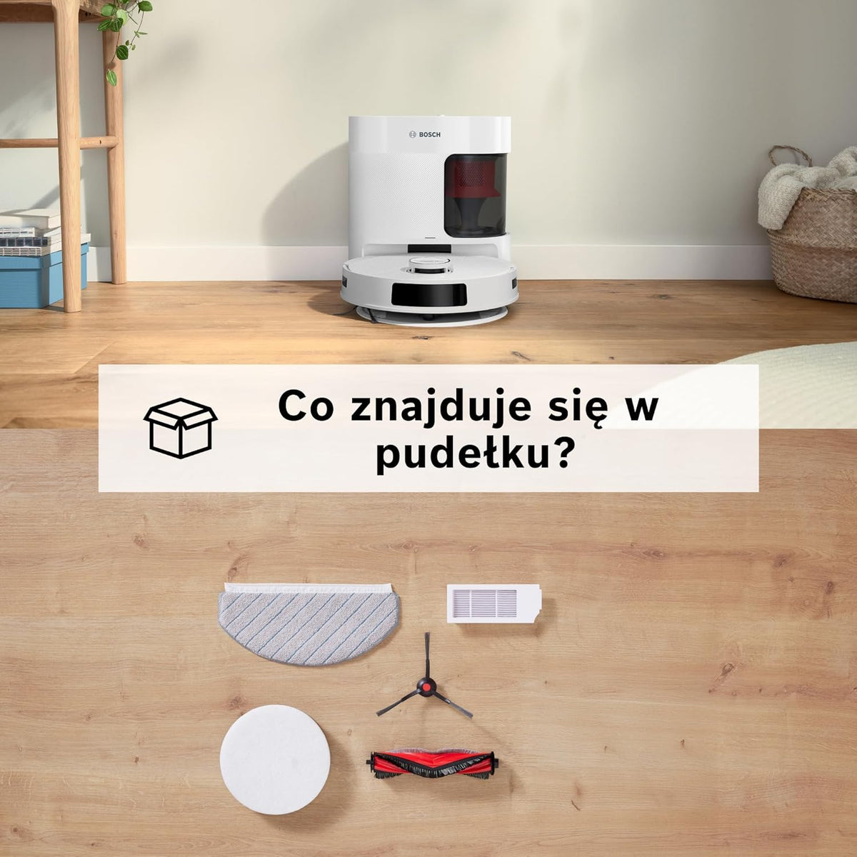 Bosch Spotless+ Robot sprzątający z funkcją mopowania, moc ssania 11 000 Pa, statyczna nakładka mopującą, stacja czyszczącą, nawigacją Smart Vision, aplikacja Bosch Home Connect, BCRD1W, biały