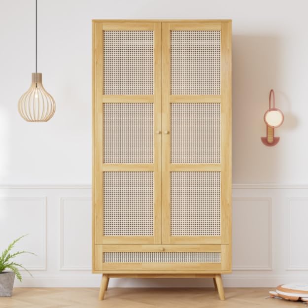 Szafa Soweiz z drążkiem, 2-drzwiowa, do sypialni, z siatką rattanową, do salonu, z dolną klapą, płyta wiórowa + rattan PE, naturalna