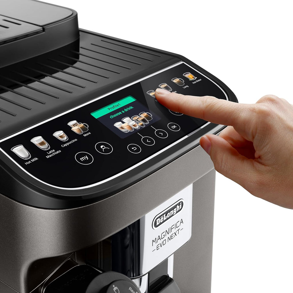 De'Longhi Wspaniały Evo Next ECAM312.80.TB, automatyczny ekspres do kawy z mlekiem, ekspres do kawy i cappuccino z intuicyjnym wyświetlaczem dotykowym, 1450 W, czarny/tytanowy