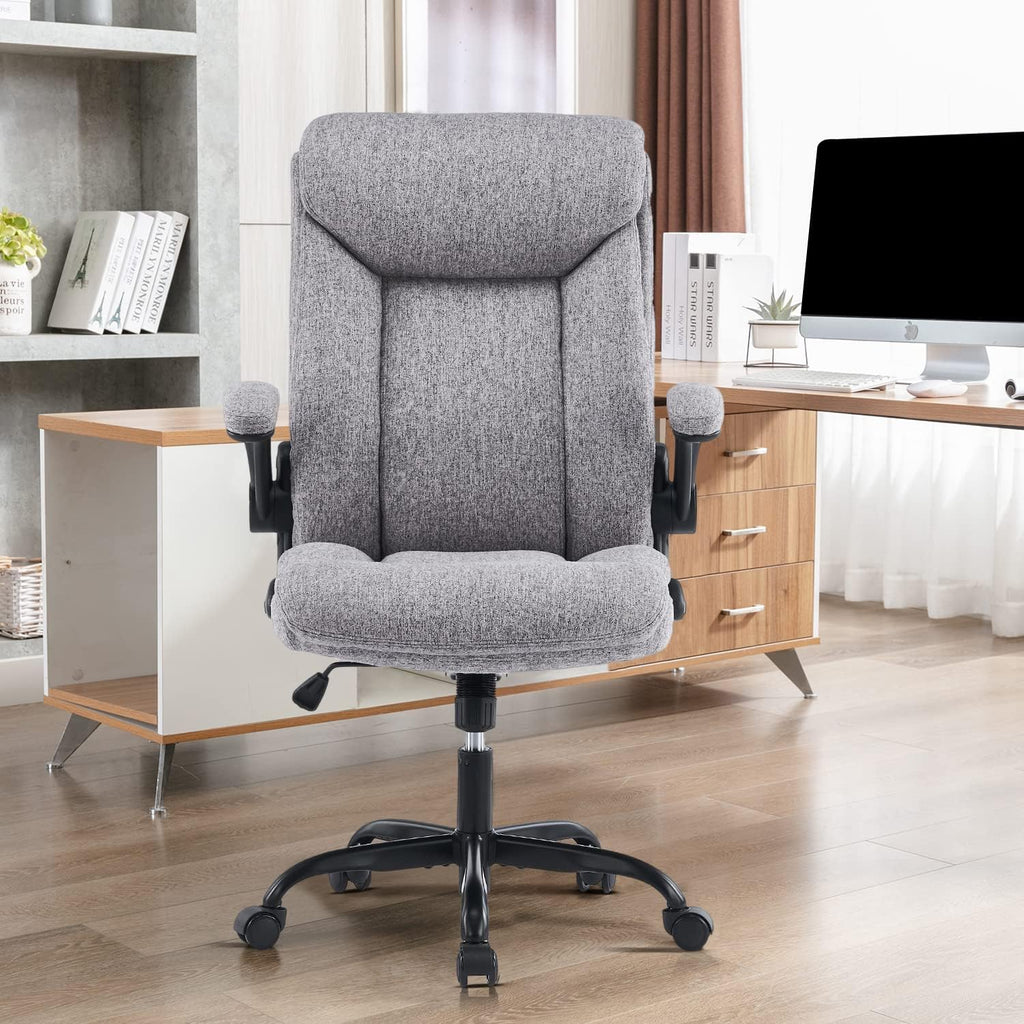 Ergonomiczne krzesło biurowe, krzesło do komputera, obrotowe krzesło robocze ze składanym podłokietnikami, regulacja wysokości, wygodne, do biura, domu, gier (szary materiał) (Czarny)