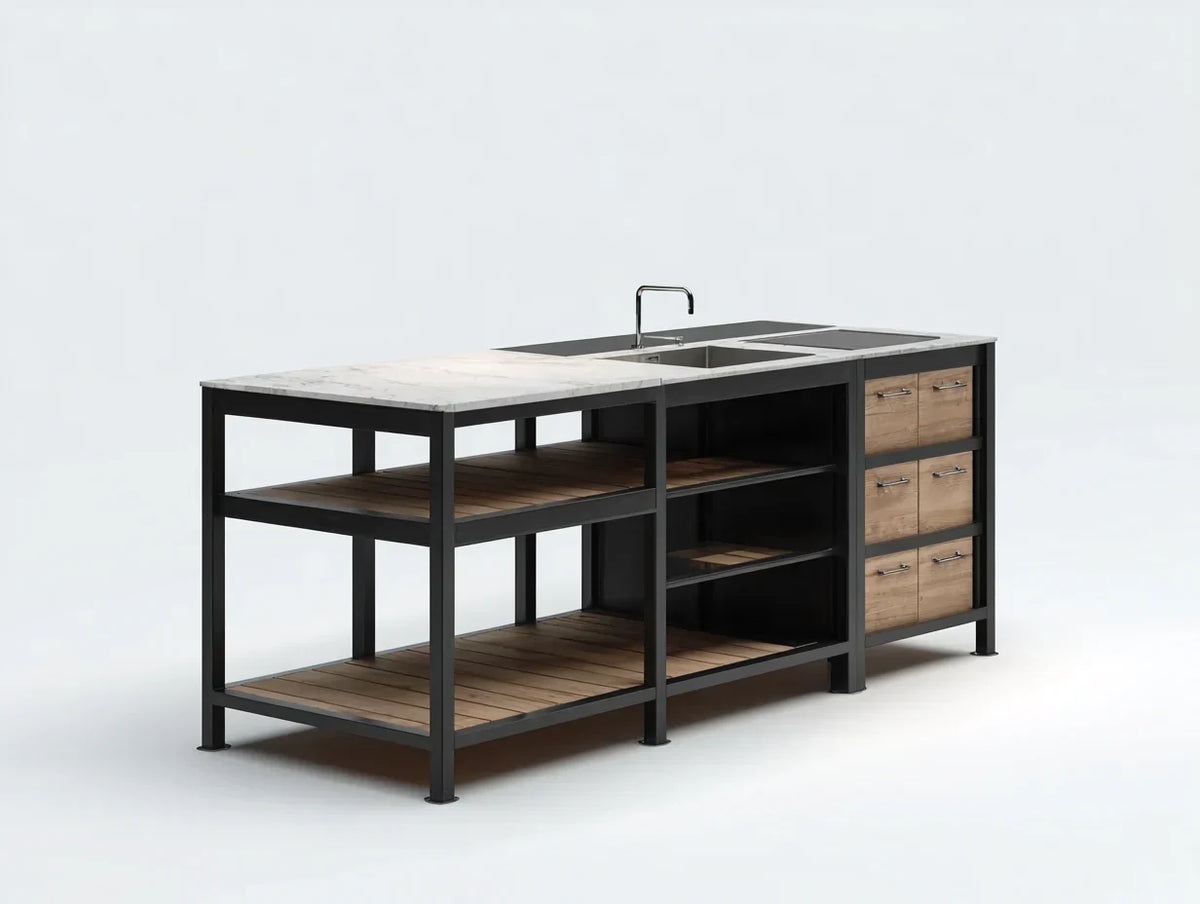 Wyspy kuchenne ze zlewem, blatem z efektem kamienia 180x75x92 cm - czarno-drewniane - funkcjonalny styl industrialny