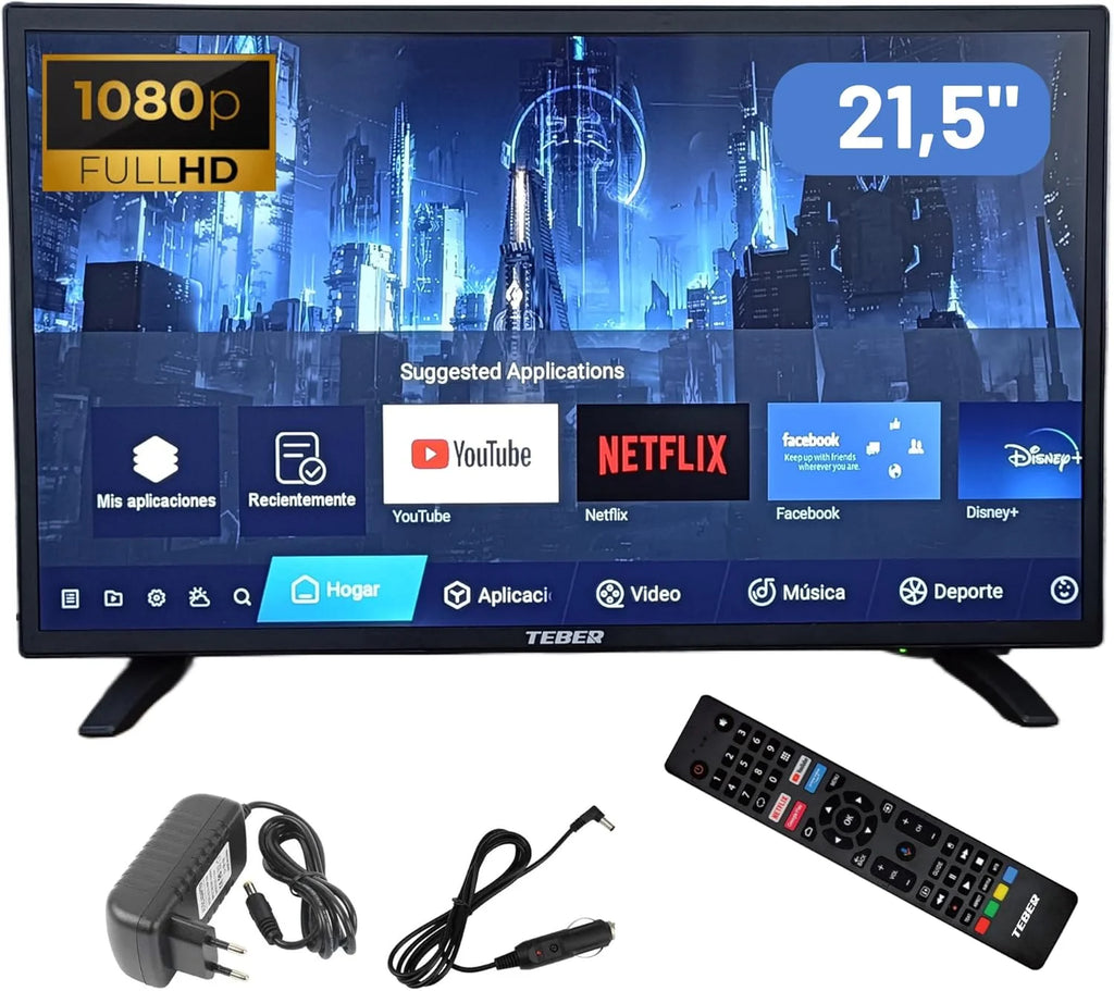 Telewizor Smart TV 22 cale z zasilaczem 12V i 230V. Android. Full HD. DVB-S2/C/T2/T. Do kamperów, samochodów kempingowych, domów, przyczep kempingowych, łodzi. (22 cale)