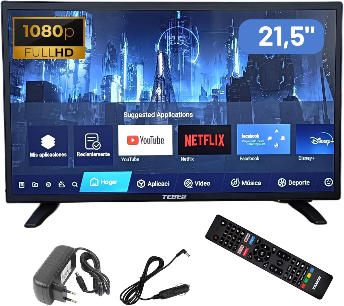 Telewizor Smart TV 22 cale z zasilaczem 12V i 230V. Android. Full HD. DVB-S2/C/T2/T. Do kamperów, samochodów kempingowych, domów, przyczep kempingowych, łodzi. (22 cale)