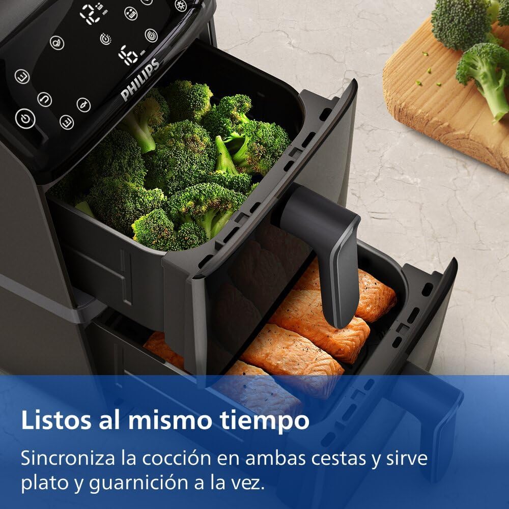 Philips Airfryer seria 4000 Podwójny pionowy kosz 10 l – Technologia RapidAir, synchronizacja, 2 kosze jednocześnie, 45% mniej miejsca, powłoka ceramiczna bez PFAS, okienka podglądu (NA460/00)