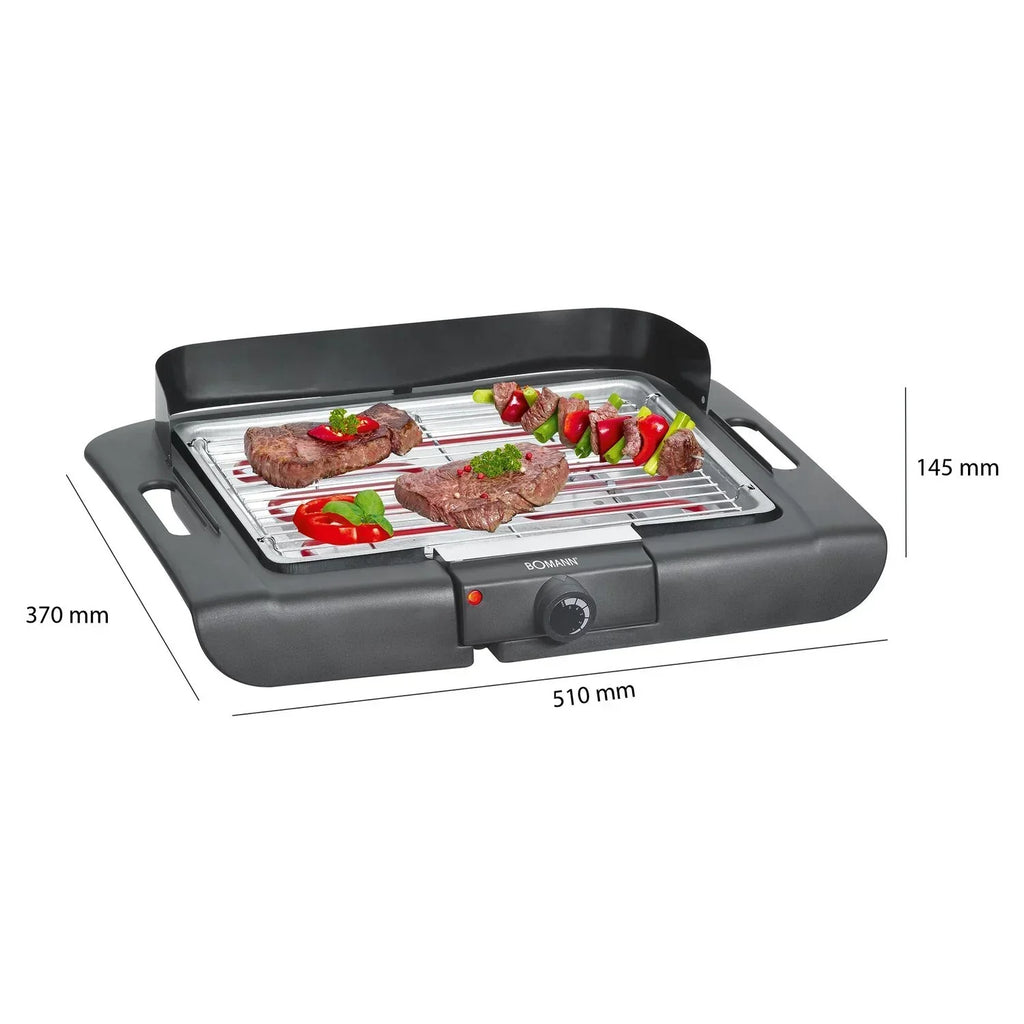 Grill Elektryczny Bomann Bq 2243 Cb, Chromowany Ruszt 36 X 25 Cm, Termostat, Przednia Osłona Przeciwwietrzna, Tacka Ociekowa, Czarny, 2000 W