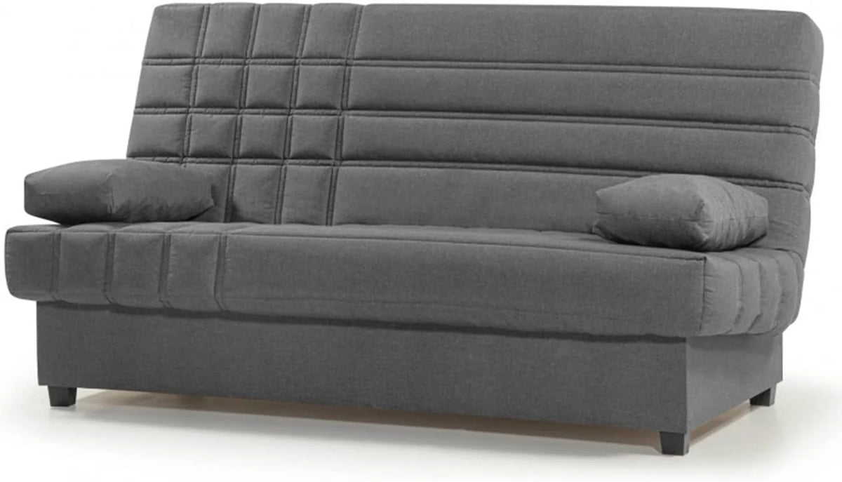 SHIITO - Sofa rozkładana 3-osobowa z pojemnikiem na pościel - 100 x 193 x 100 cm - Model Romeo - z mechanizmem klik-klak - W zestawie 2 poduszki - Kolor ciemnoszary