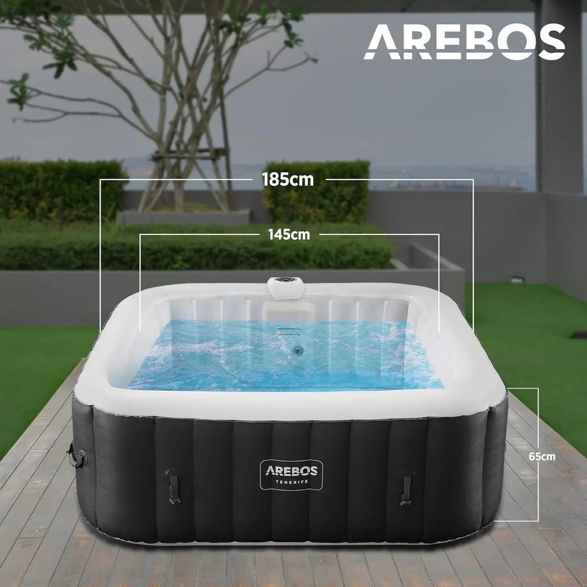 Dmuchane spa Arebos | Jacuzzi | 185 x 185 cm | dla 6 osób | świecąca taśma LED | 130 dysz masujących | 910 litrów | w zestawie pokrywa | masaż bąbelkowy i relaks