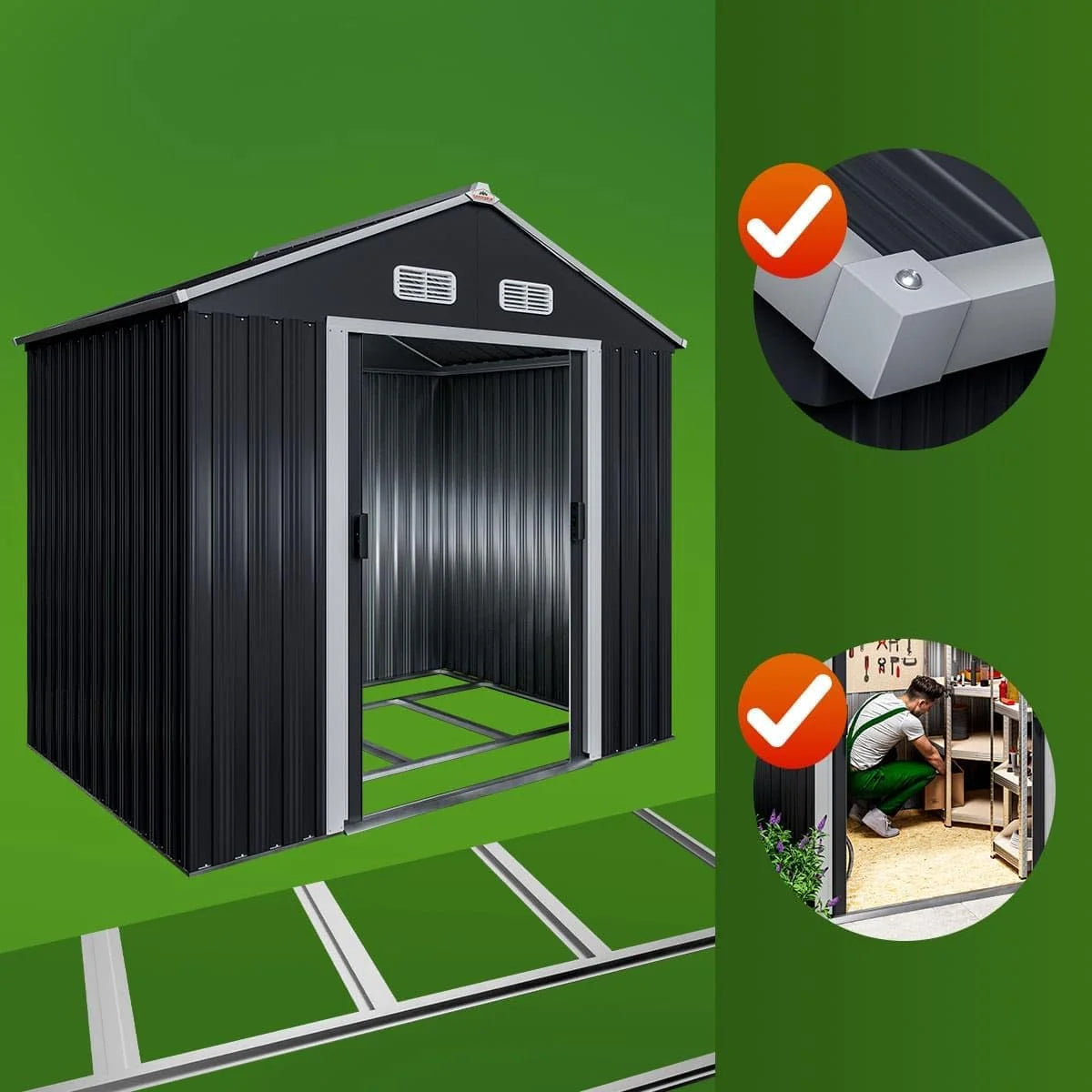 GARDEBRUK® Szopa Ogrodowa 2 m² 196x132x188cm Metalowa Szopa Zewnętrzna 4m³ z Podstawą Drzwi Przesuwne Antracyt