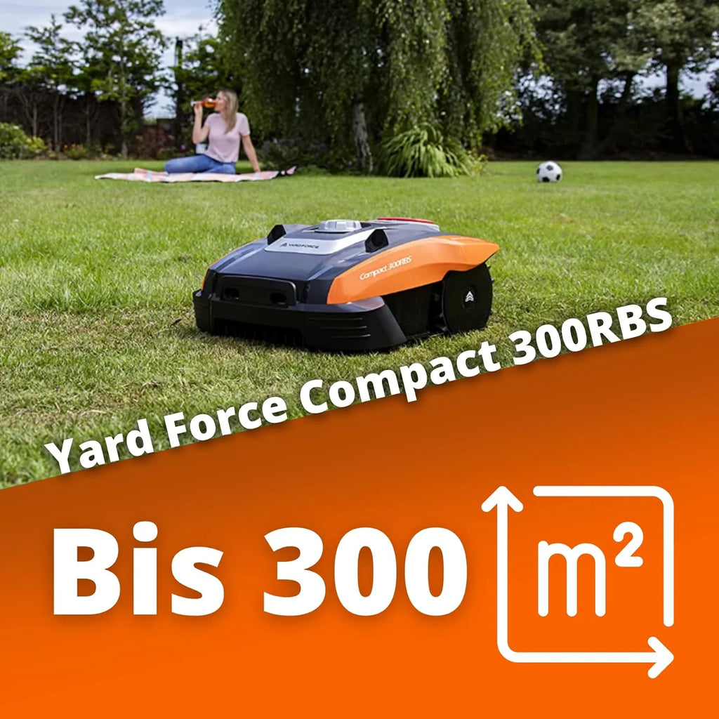 Yard Force Force Compact 300RBS Robot koszący do 300 m² ze sterowaniem Bluetooth i aplikacją, silnik bezszczotkowy, akumulator 20 V/2,0 Ah, czarno-pomarańczowy