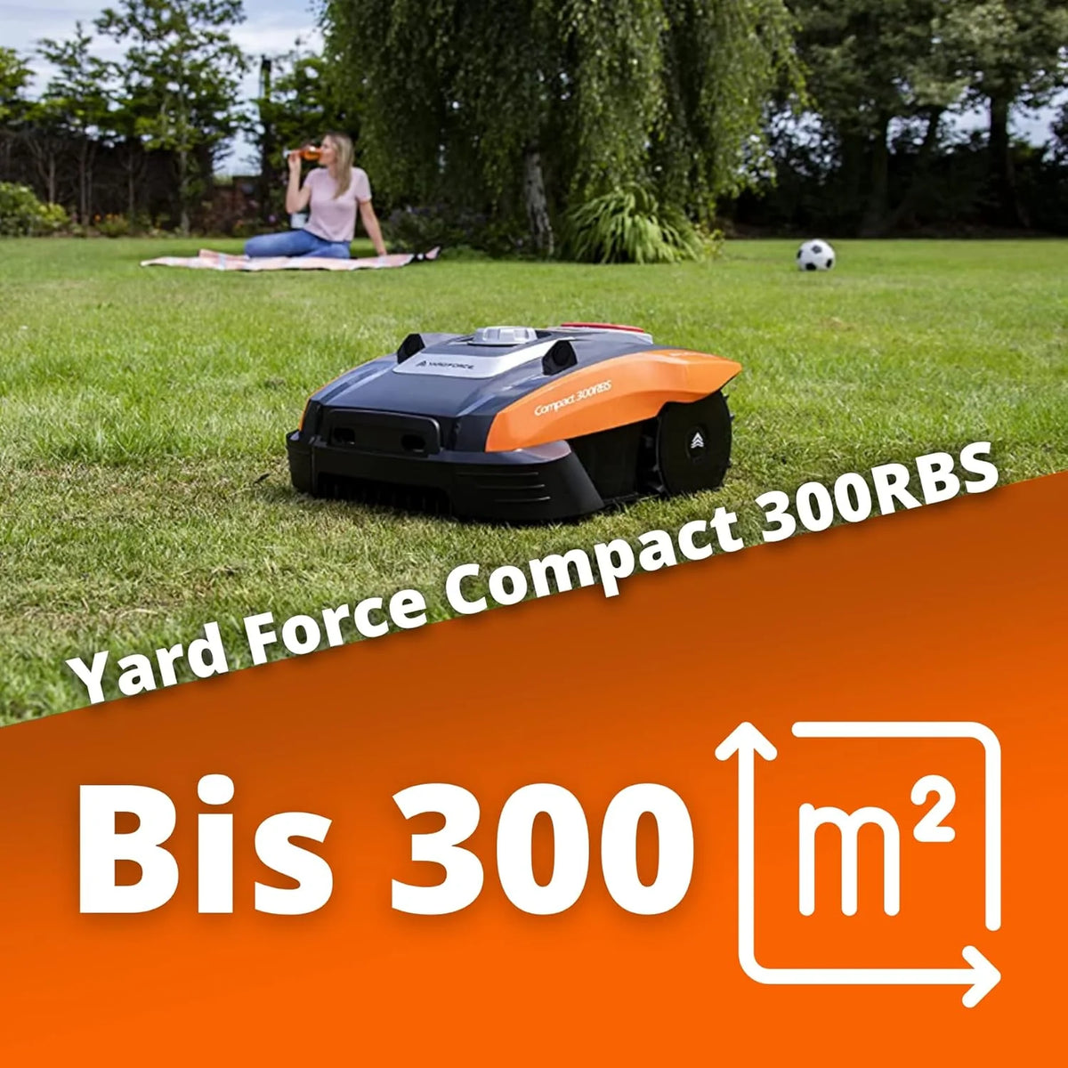Yard Force Force Compact 300RBS Robot koszący do 300 m² ze sterowaniem Bluetooth i aplikacją, silnik bezszczotkowy, akumulator 20 V/2,0 Ah, czarno-pomarańczowy