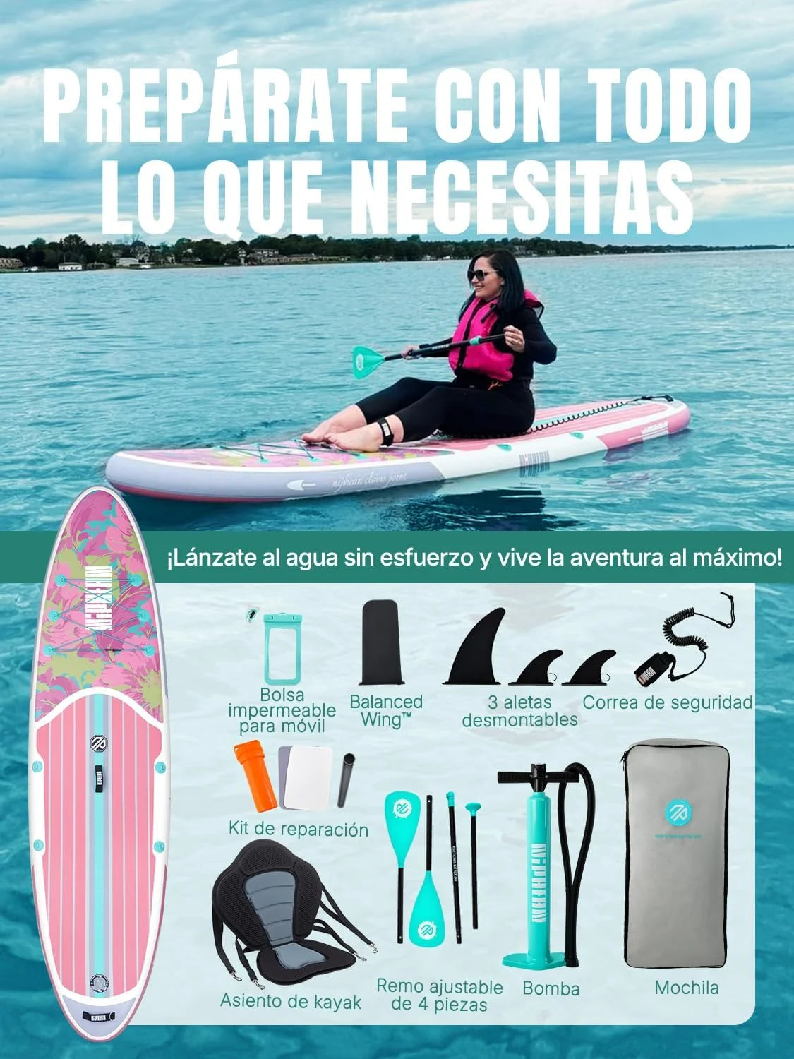 Niphean Dmuchana Deska Paddle Surf dla Dorosłych ze Wszystkimi Akcesoriami, Dmuchana Deska SUP 320cm dla Wszystkich Poziomów, SUP o Nośności 200kg dla 2 Osób, Deska Stand Up Paddle z Siedziskiem
