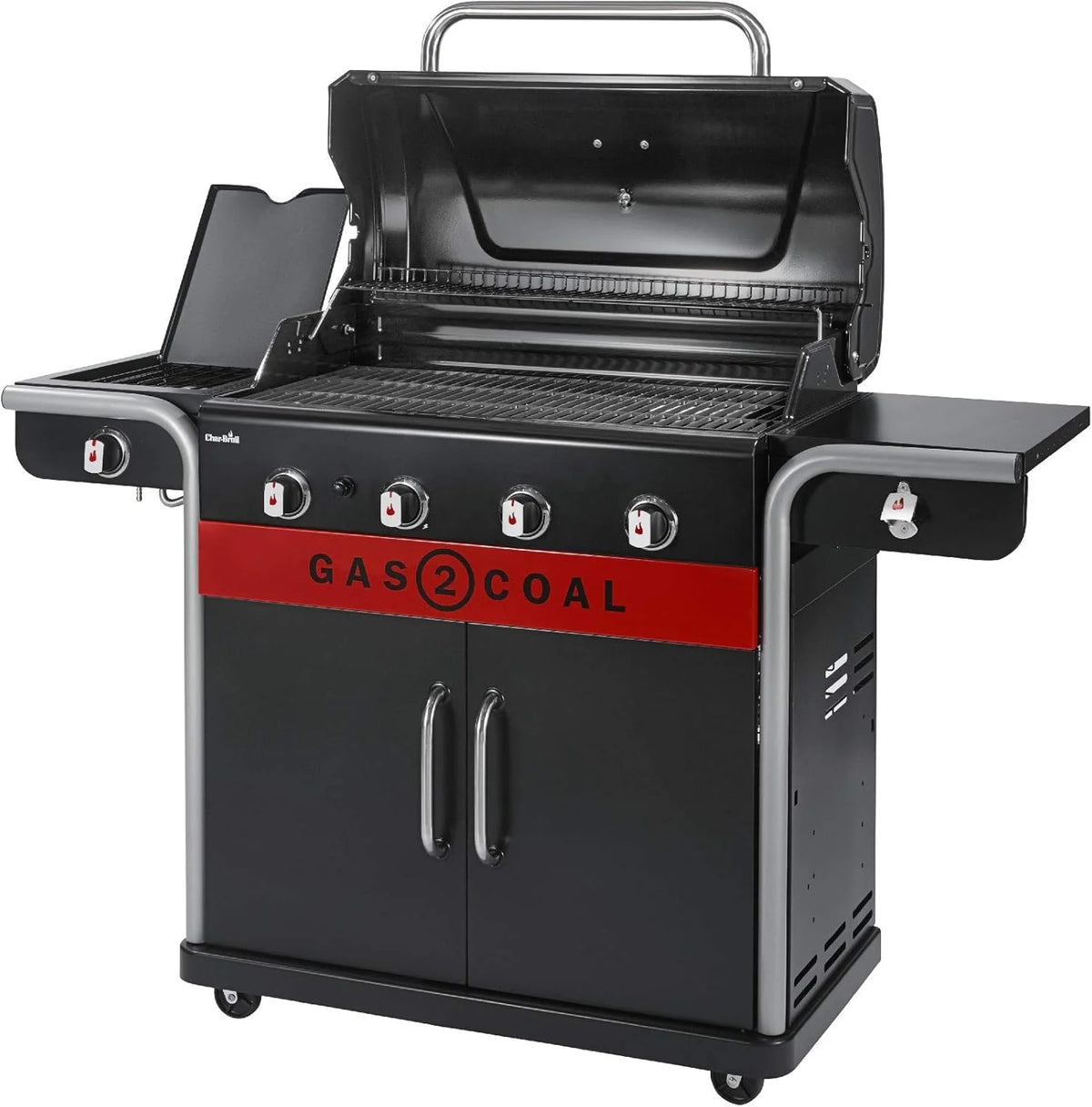 Char-Broil Grill Gazowy Gas2Coal 2.0 440 - 4-palnikowy grill hybrydowy z 2 opatentowanymi tackami na węgiel, 2 dużymi drzwiami - Idealny do gotowania na zewnątrz, do ogrodu i na patio