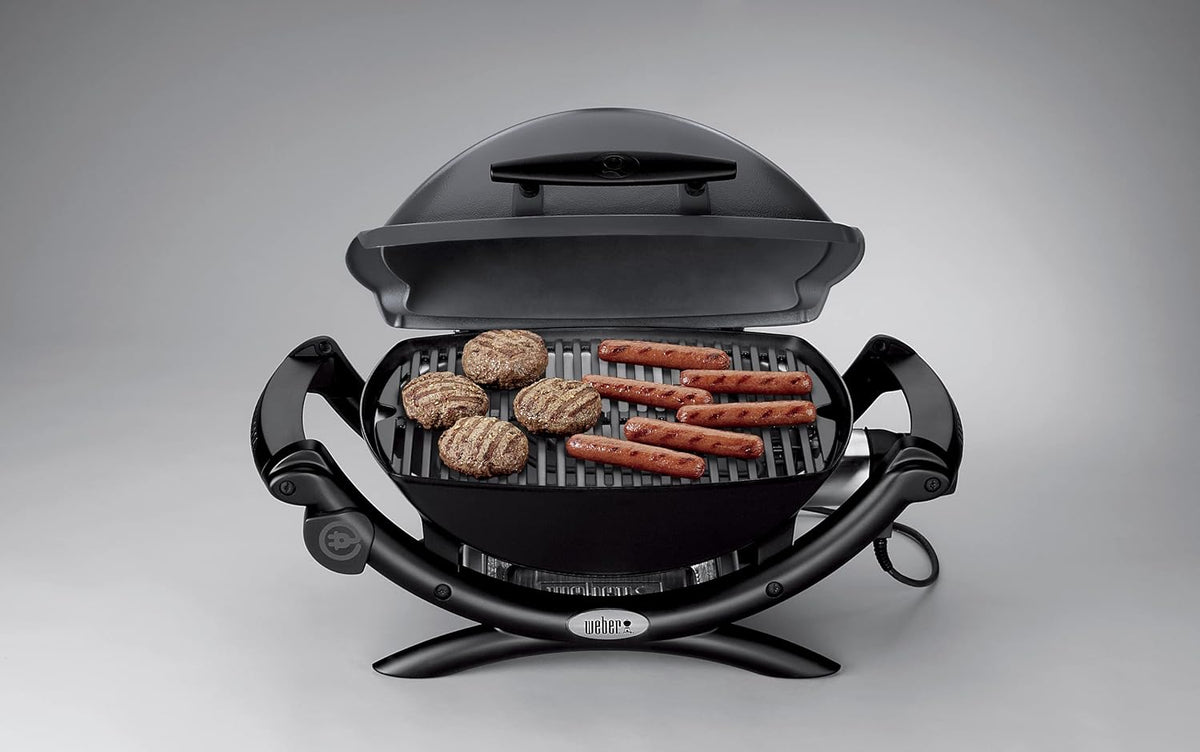 Weber Q1400 Elektryczny Grill, powierzchnia grillowania 43 x 32 cm, przenośny BBQ Grill,2-częściowy żeliwny ruszt pokryty emalią porcelanową, pokrywa i obudowa aluminiowa - Ciemnoszary (52020079)