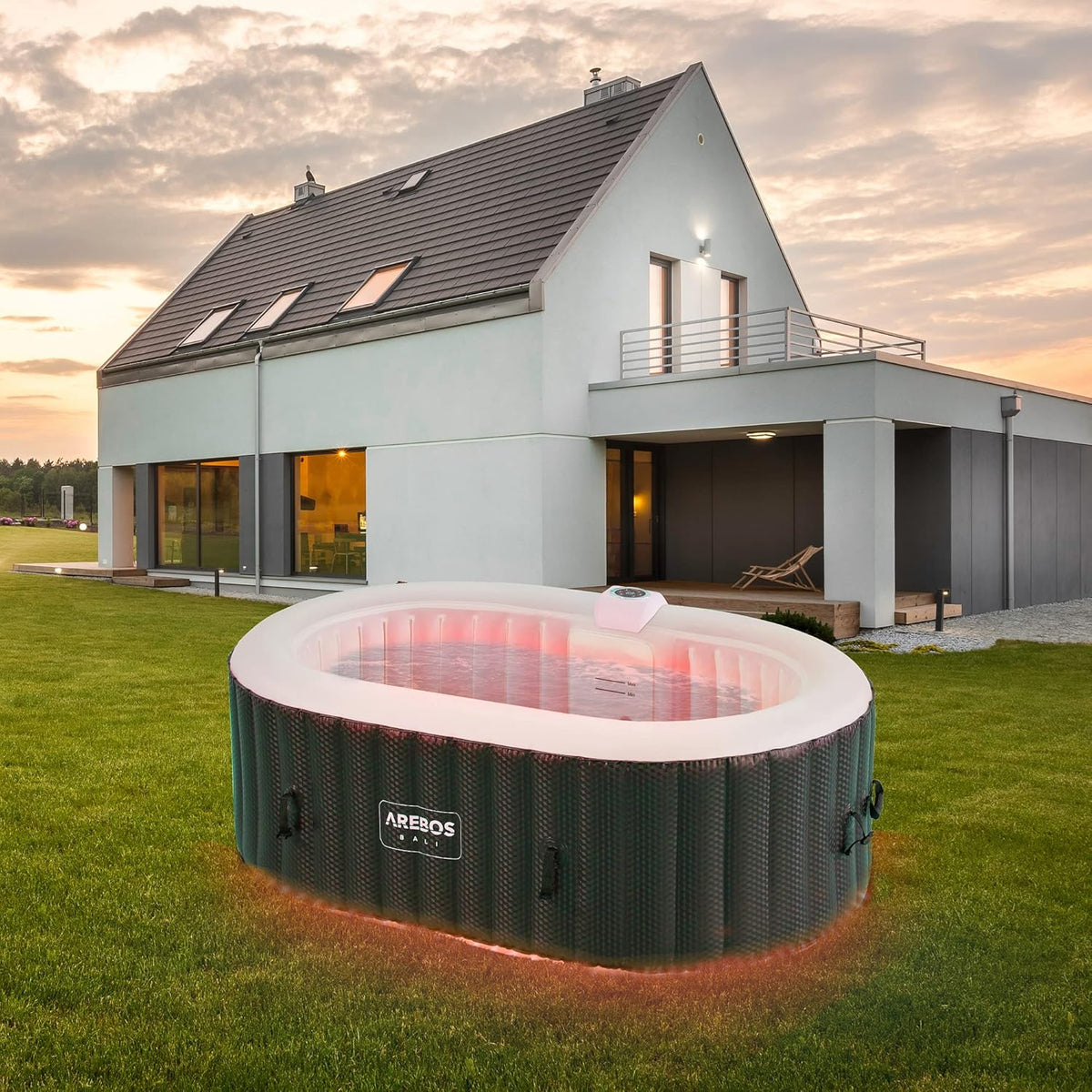 Arebos Wanna z hydromasażem z oświetleniem LED | Dmuchane SPA | Do użytku wewnętrznego i zewnętrznego | 190x120 cm owalna | 2 osoby | 90 dysz masujących | Z ogrzewaniem | 550 litrów | W zestawie pokrywa