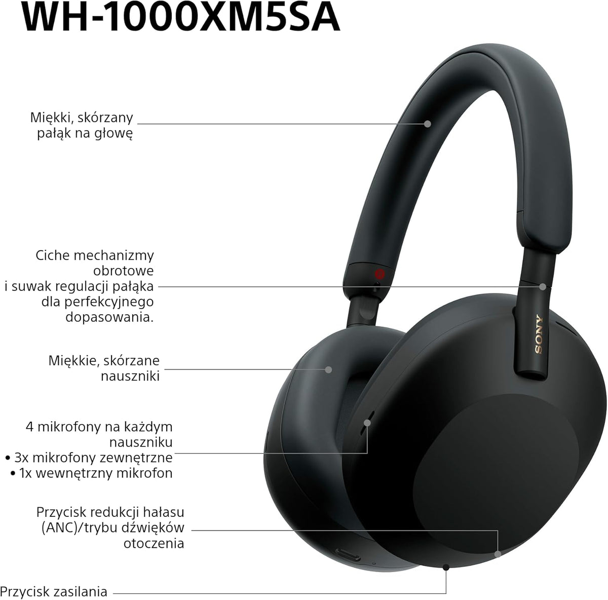 Sony WH-1000XM5 ANC Bezprzewodowe Słuchawki Nauszne z Redukcją Hałasu, Bluetooth, Clear Call Quality, Hi-Res, Do 30H Baterii, Szybkie Ładowanie, Alexa i Google Assistant, IOS i Android - Czarne