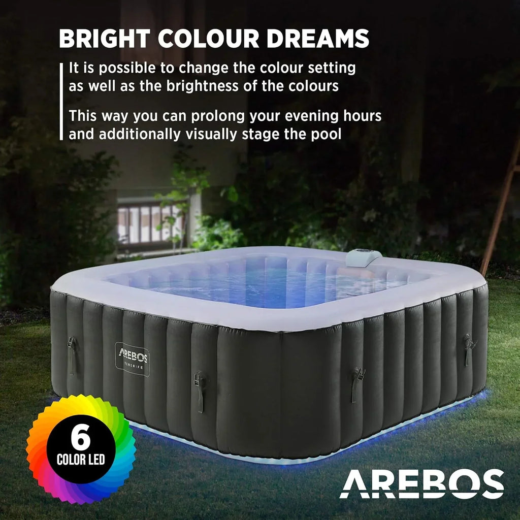 Dmuchane spa Arebos | Jacuzzi | 185 x 185 cm | dla 6 osób | świecąca taśma LED | 130 dysz masujących | 910 litrów | w zestawie pokrywa | masaż bąbelkowy i relaks