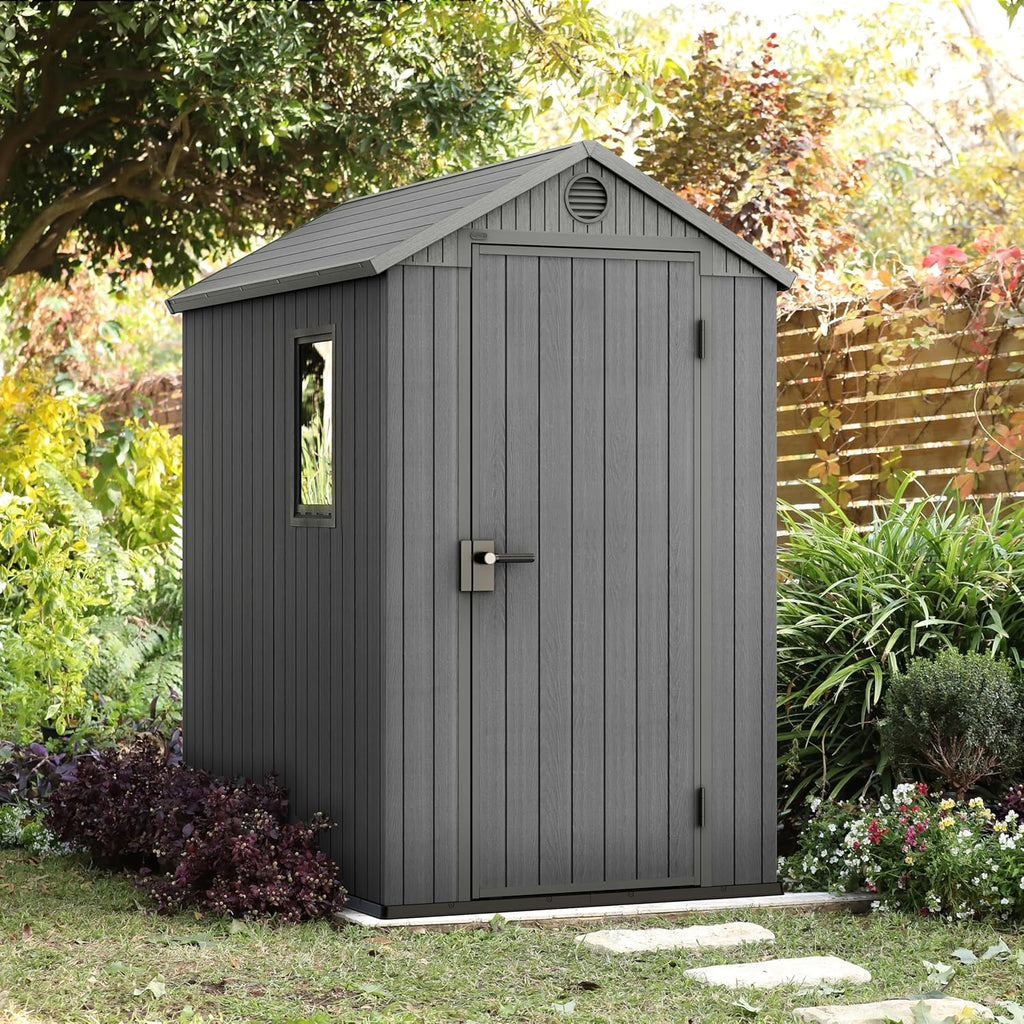 KETER Darwin 4x6 Domek narzędziowy, 125.8 x 184.5 x 205 cm i 2.2 m2, Podłoga, System wentylacji, Drzwi i okno, Wodoodporny, Kolor szary