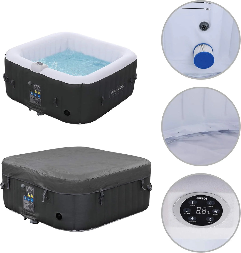 Arebos Pompowane | Whirlpool Pure | | 4-osobowe | 130 dysz masujących | Spa Dobroczynne Ogrzewanie | 550 litrów | z pokrywą | Bubble Spa i masaż relaksacyjny