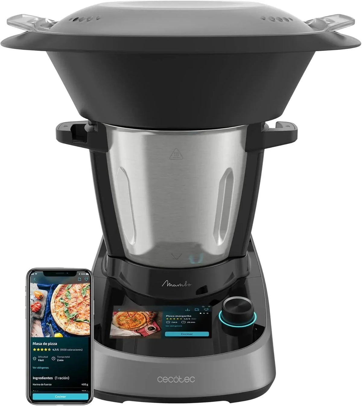 Robot kuchenny Cecotec Mambo 11090, 1600 W, 37 funkcji, sterowanie przez aplikację, wbudowana waga i dzbanek ze stali nierdzewnej o pojemności 3,3 litra, przystosowany do mycia w zmywarce, książka kucharska i akcesoria