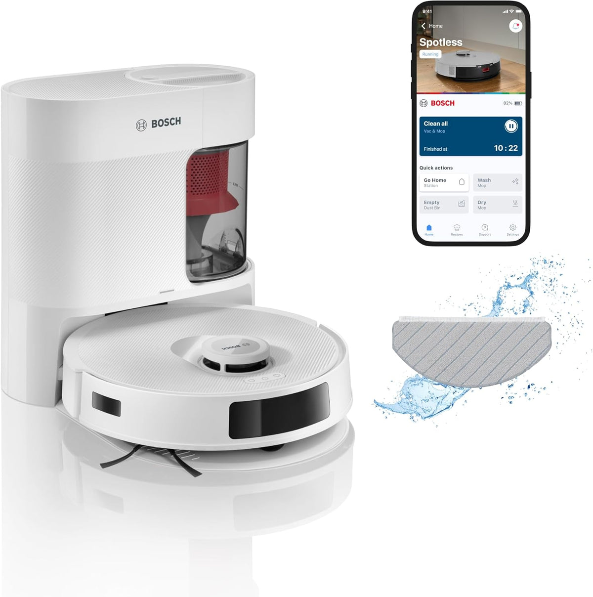 Bosch Spotless+ Robot sprzątający z funkcją mopowania, moc ssania 11 000 Pa, statyczna nakładka mopującą, stacja czyszczącą, nawigacją Smart Vision, aplikacja Bosch Home Connect, BCRD1W, biały