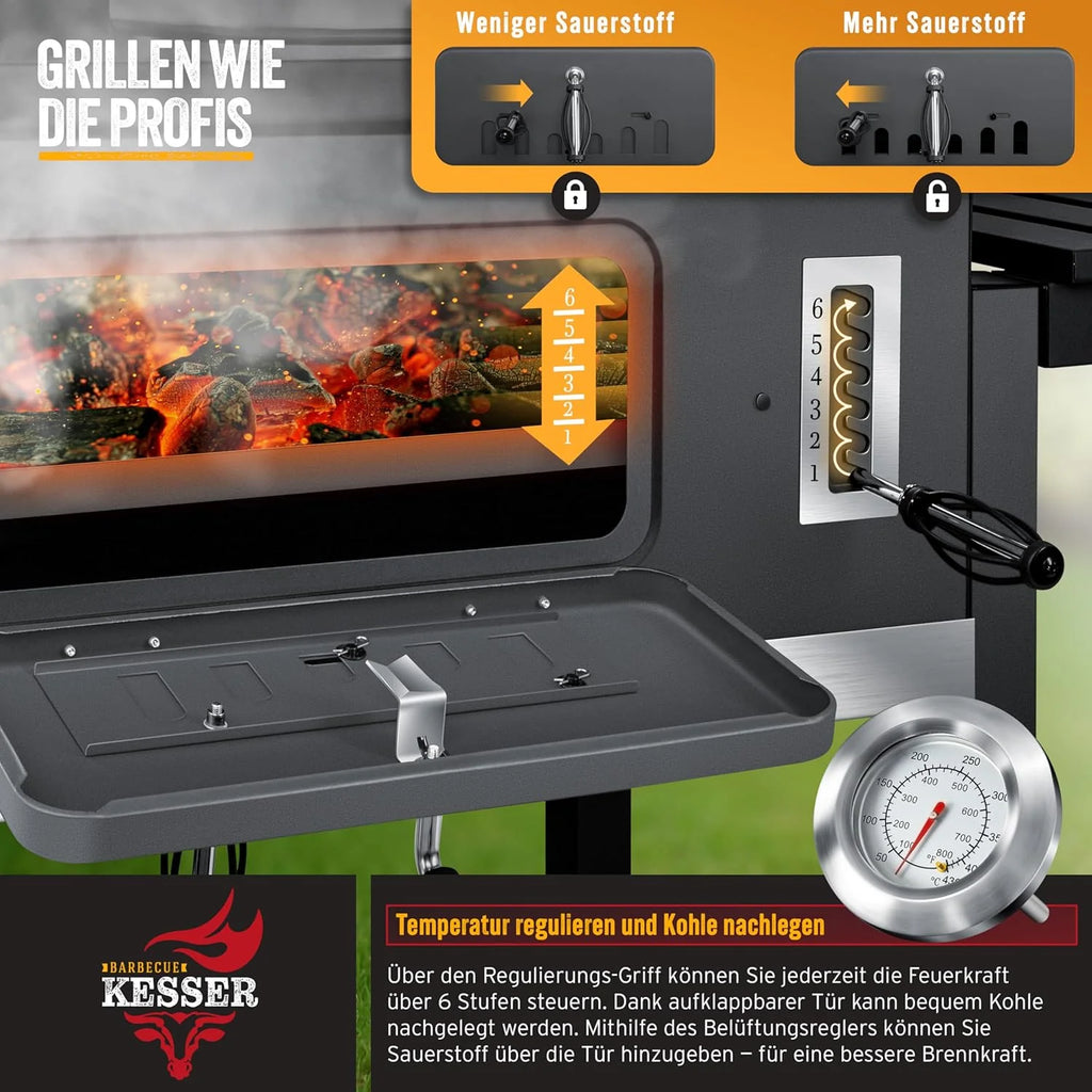 KESSER® Grill węglowy z wózkiem, grillem z pokrywką, kółkami, uchwytem ze stali nierdzewnej | Duży grill węglowy z termometrem BBQ, na kemping, taras, do ogrodu XXL Szary