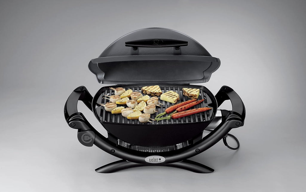 Weber Q1400 Elektryczny Grill, powierzchnia grillowania 43 x 32 cm, przenośny BBQ Grill,2-częściowy żeliwny ruszt pokryty emalią porcelanową, pokrywa i obudowa aluminiowa - Ciemnoszary (52020079)
