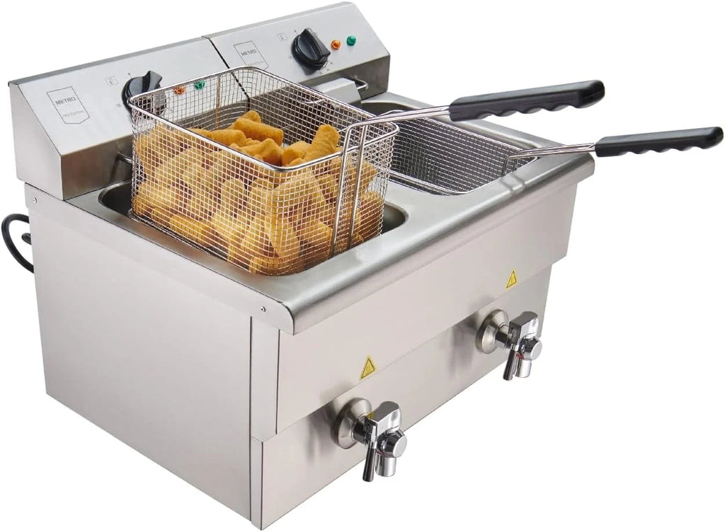 METRO Professional Frytkownica podwójna GDF5028, stal nierdzewna SS304, 2x 8 L, z kranem, regulatorem temperatury, strefą zimną, srebrna