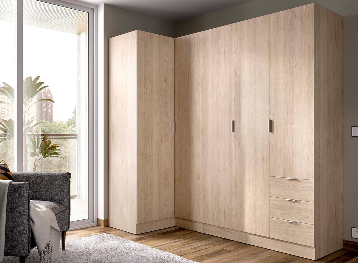 DEKIT GRUPO RIMOBEL Essen Szafa narożna z szufladami - Dąb Naturalny - 184 cm (wys.) x 91 cm (szer.) x 214 cm (gł.)