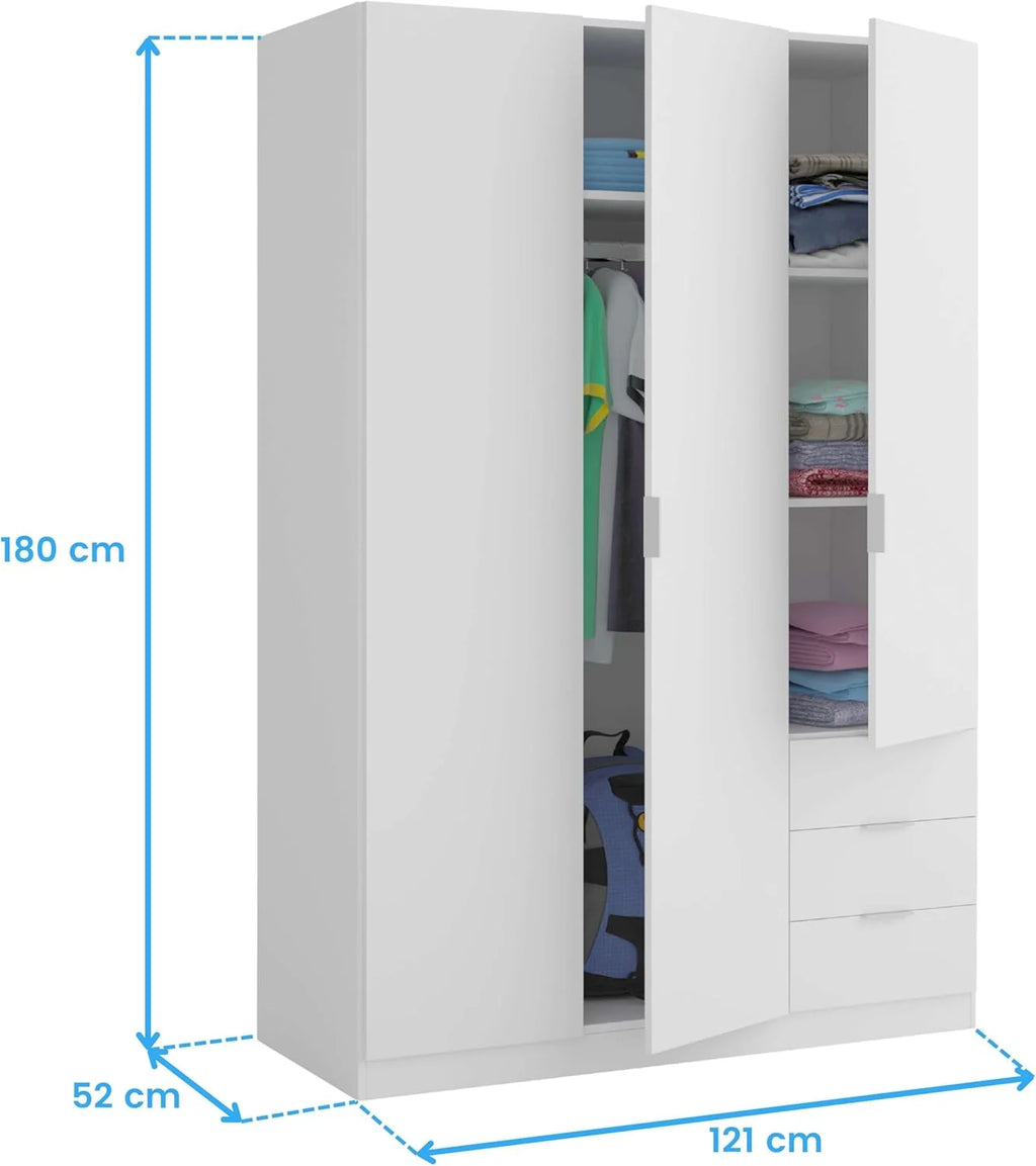 Szafa Habitdesign z trzema drzwiami i trzema szufladami, wykończenie białe arktyczne, wymiary: 121 cm (szer.) x 180 cm (wys.) x 52 cm (gł.)