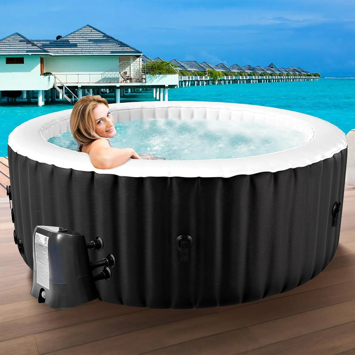 Dmuchane jacuzzi dla 4 osób, 2400 W do użytku wewnątrz/na zewnątrz, zimowy basen spa ze 120 dyszami powietrznymi, zabezpieczenie przed mrozem, 799 litrów, szczelne, energooszczędne