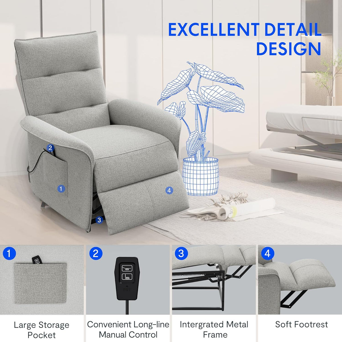 FLEXISPOT Elektryczny Fotel Relaksacyjny z Regulowanym Oparciem, Odchylany od 105° do 155°, Fotel Rozkładany, Ergonomiczna Sofa Relaksacyjna do Sypialni, Salonu i Kina Domowego (Ciemnoszary)
