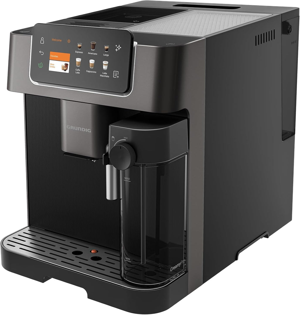 Grundig KVA 7230 ekspres do kawy, 10 specjałów do kawy, 13 stopni mielenia, pojemnik na mleko, wydajny 1350 W, ciśnienie pompy 19 bar, podwójna dysza, oświetlenie, czarny/ciemny srebrny