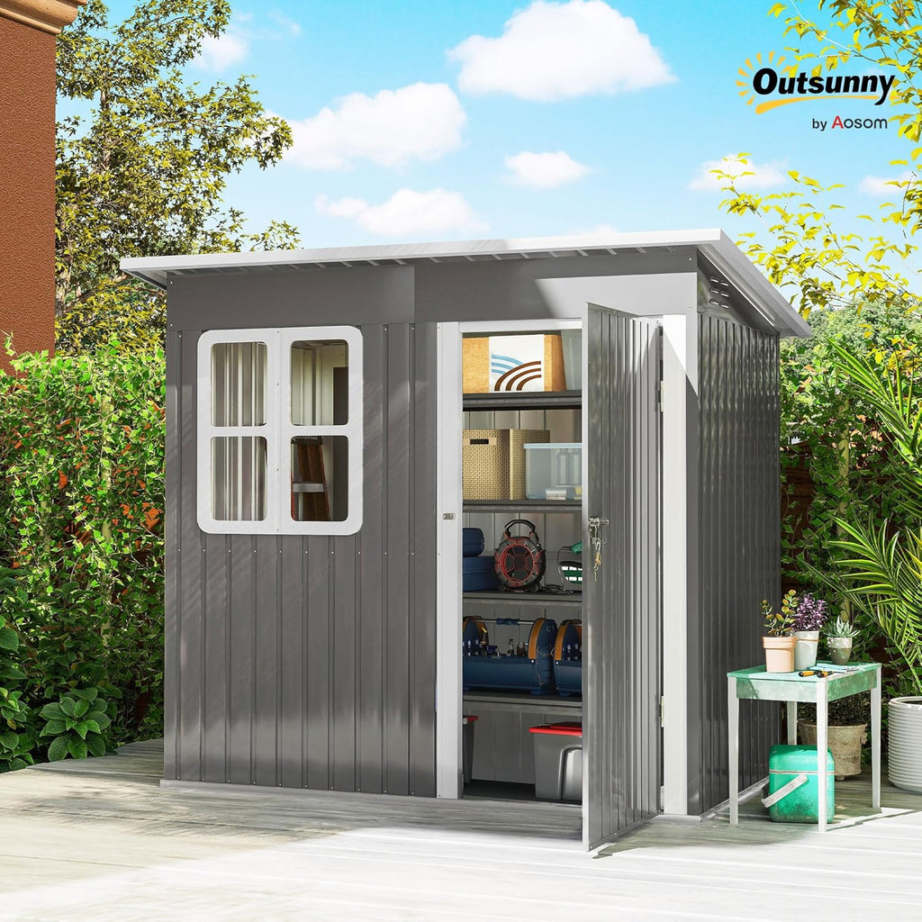 Outsunny Zewnętrzny Domek Ogrodowy, 2,55 m² 221x133x190 cm, Metalowa Szopa Ogrodowa z Oknem, Zamykanymi Drzwiami i Wentylacją, do Przechowywania Narzędzi, Ciemnoszary