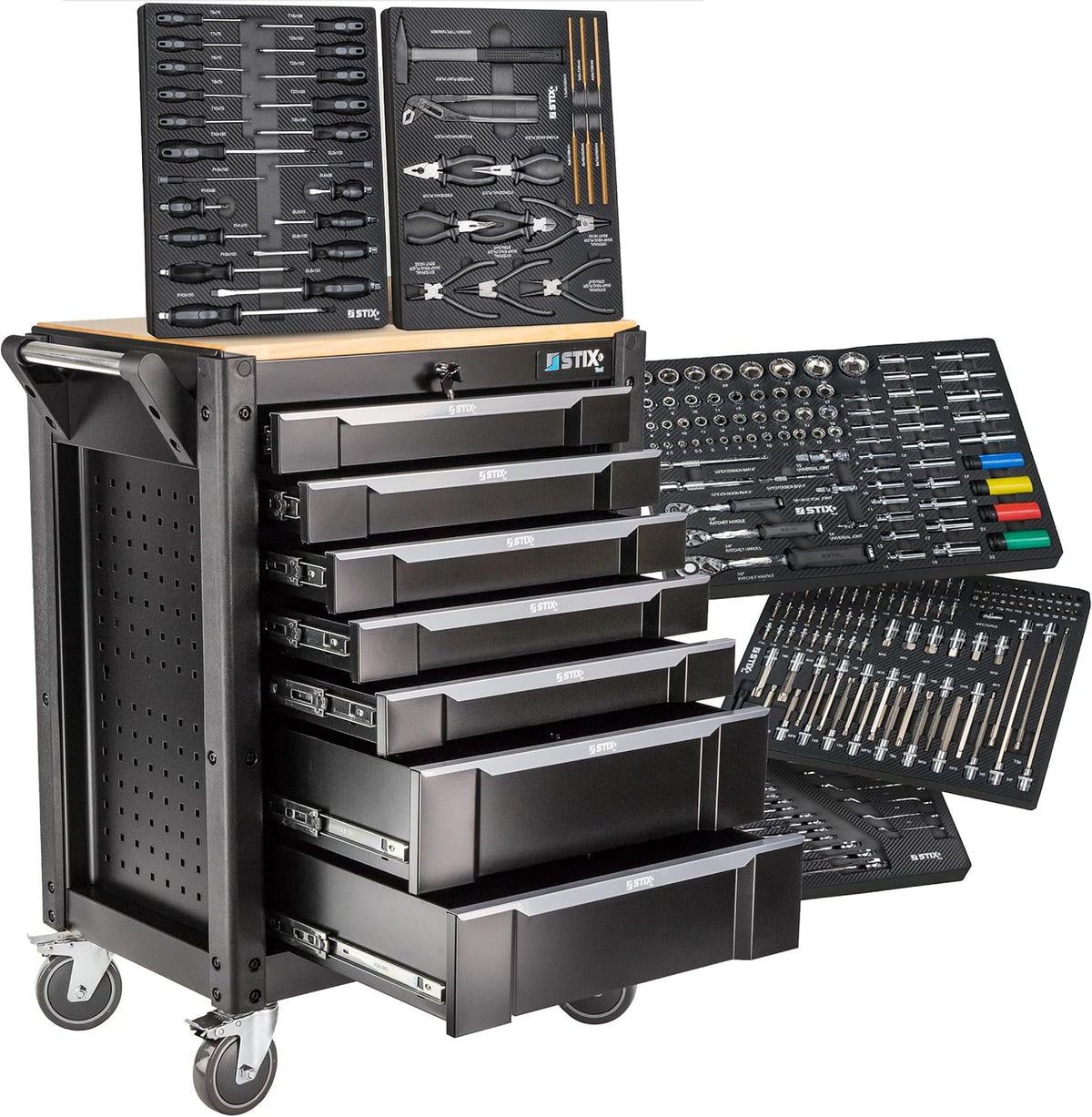 Stix UltimatePro C7/TS1 - Wózek narzędziowy z 267 elementami Cr-V - Zestaw narzędzi, wózek narzędziowy na kółkach, szuflady z łożyskami kulkowymi, blat drewniany