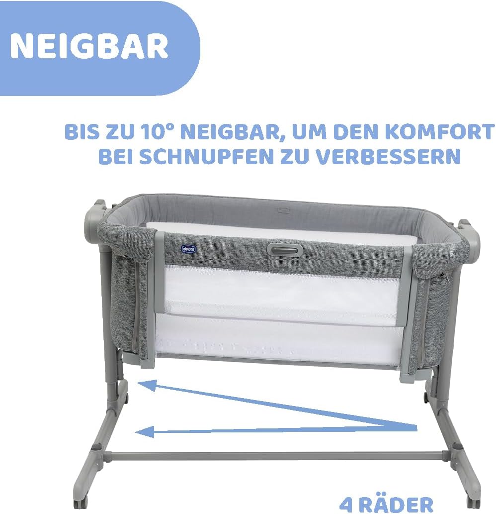 Chicco Next2Me Magic Evo Łóżko boczne łóżeczka dziecięcego z trybem huśtania, odchylanym oparciem, 11 poziomami wysokości, regulowaną wysokością, 4 kółkami, z materacem i torbą podróżną, beżowe