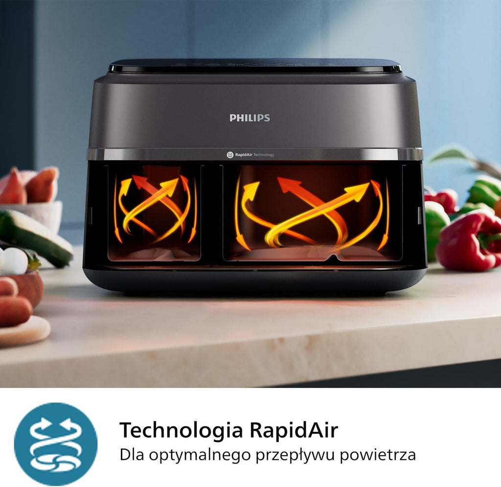 Philips Ovi Dual Basket z parą - Wyjątkowe funkcje gotowania Steamfry, Gotowania na parze, Airfry - 19 sposobów gotowania; pojemność 9L (3L + 6L), RapidAir Plus, automatyczne SteamClean (NA550/00)