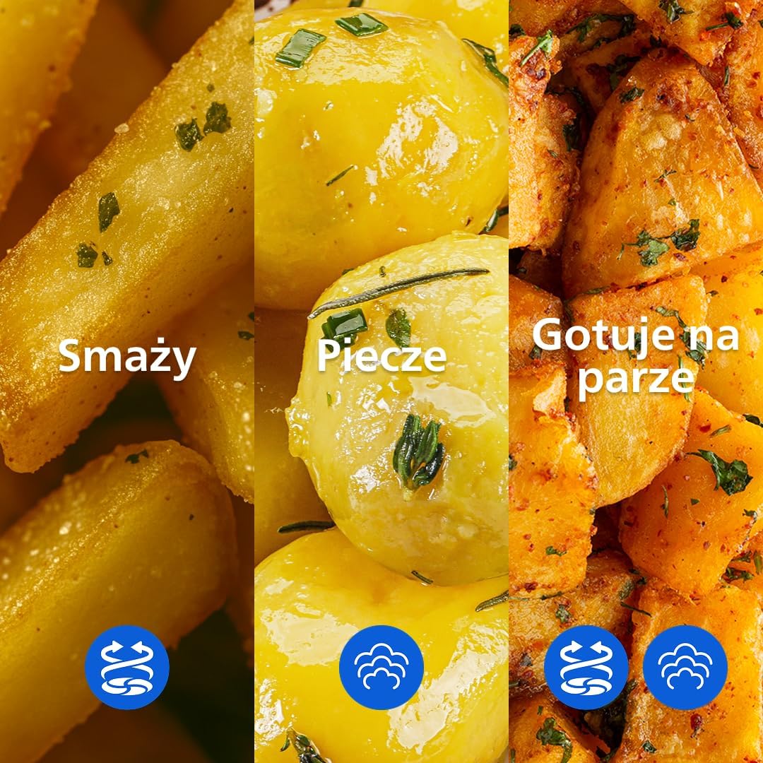 Philips Ovi Dual Basket z parą - Wyjątkowe funkcje gotowania Steamfry, Gotowania na parze, Airfry - 19 sposobów gotowania; pojemność 9L (3L + 6L), RapidAir Plus, automatyczne SteamClean (NA550/00)