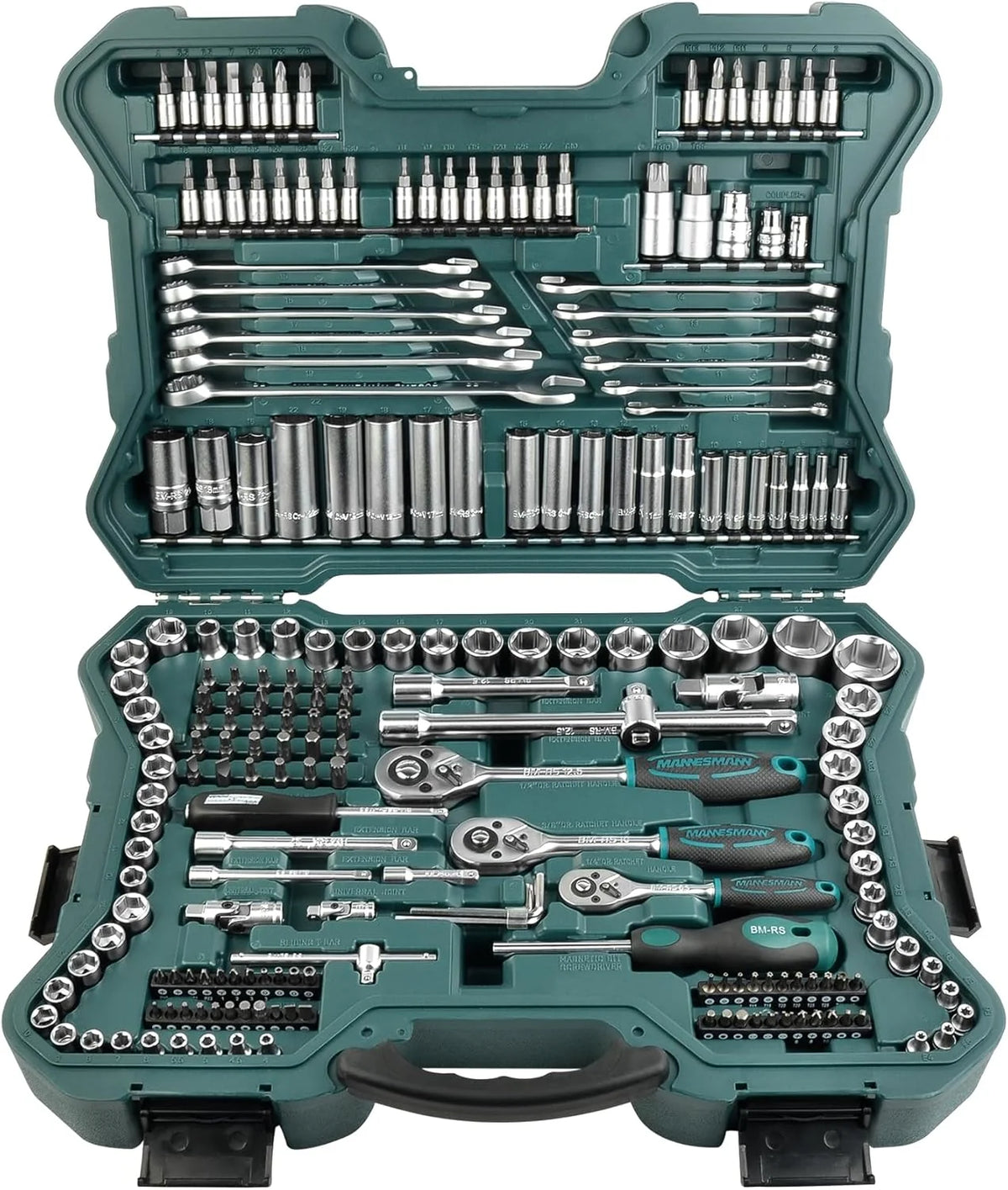 Mannesmann M98430 - Zestaw kluczy nasadowych i innych narzędzi (215 elementów, wymiary: 12x36x51 cm), Kolor zielony Mannesmann
