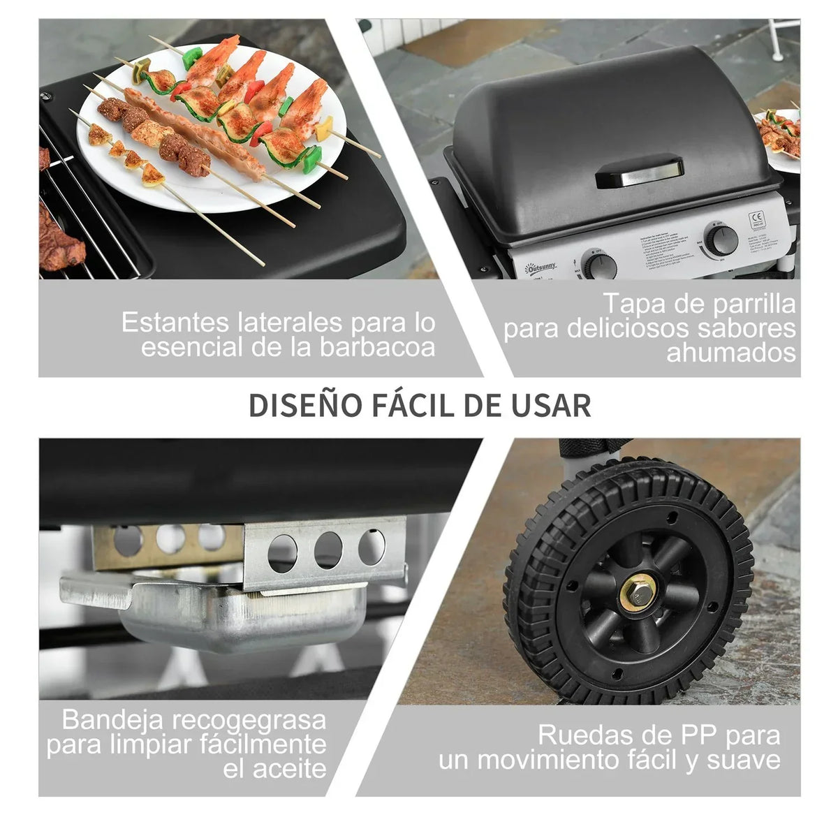 Grill Gazowy Outsunny Stal PP, 104x49x99 cm, Czarny