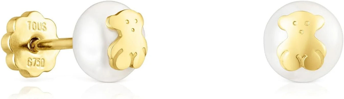 TOUS Kolczyki niemowlęce z 18-karatowego złota z perłą hodowlaną 0,6 cm i motywem 0,45 cm, z zapięciem na sztyft, eleganckie i ponadczasowe, kolekcja Icon Pearl