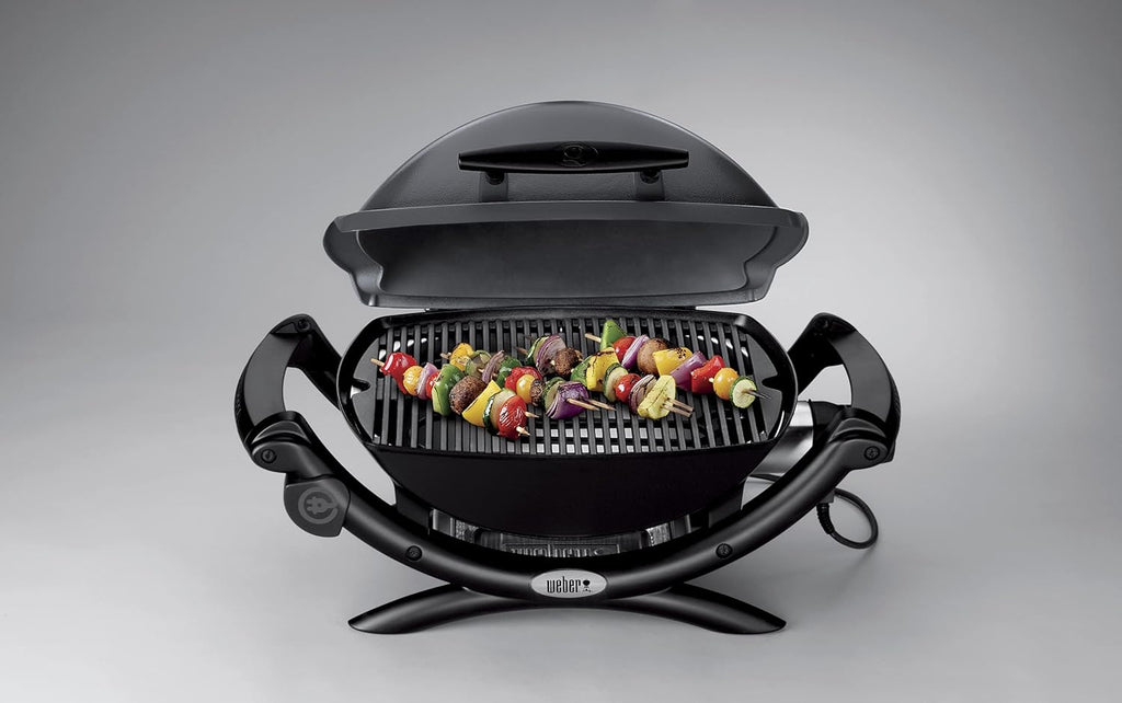 Weber Q1400 Elektryczny Grill, powierzchnia grillowania 43 x 32 cm, przenośny BBQ Grill,2-częściowy żeliwny ruszt pokryty emalią porcelanową, pokrywa i obudowa aluminiowa - Ciemnoszary (52020079)