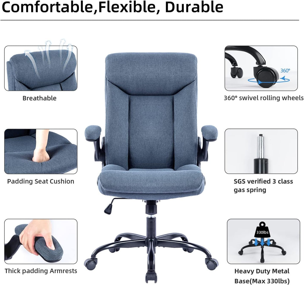 Ergonomiczne krzesło biurowe, krzesło do komputera, obrotowe krzesło robocze ze składanym podłokietnikami, regulacja wysokości, wygodne, do biura, domu, gier (szary materiał) (Czarny)