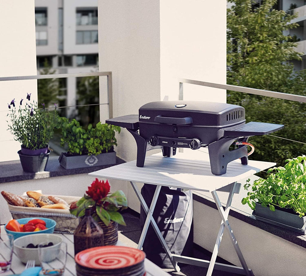 Enders Urban Przenośny Grill Gazowy, Grill Stołowy, 2-palnikowy Grill Gazowy z Pokrywą, Termometrem i Składanymi Półkami Bocznymi, Grill Gazowy do Kempingu, Ogrodu, na Zewnątrz, 30 mbar #209533
